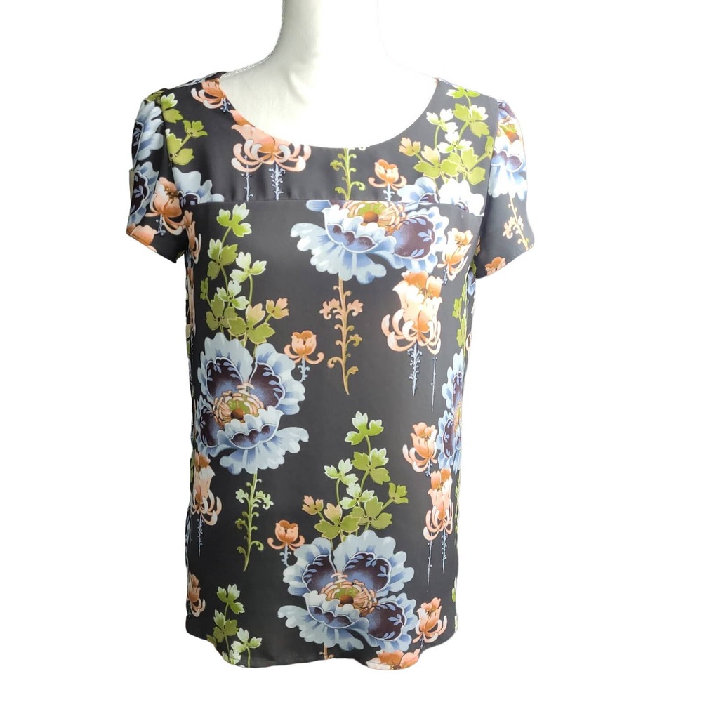 Loft Blouse Womens XS Floral Black Pink Blue Short Sleeve Satin Round Neck Flowy